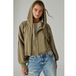 Lucky Brand Raglan Raw Edge Zip Up Hoodie in Olive